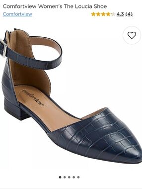Croc-Embossed Pointed Ankle-Strap Flats in Navy